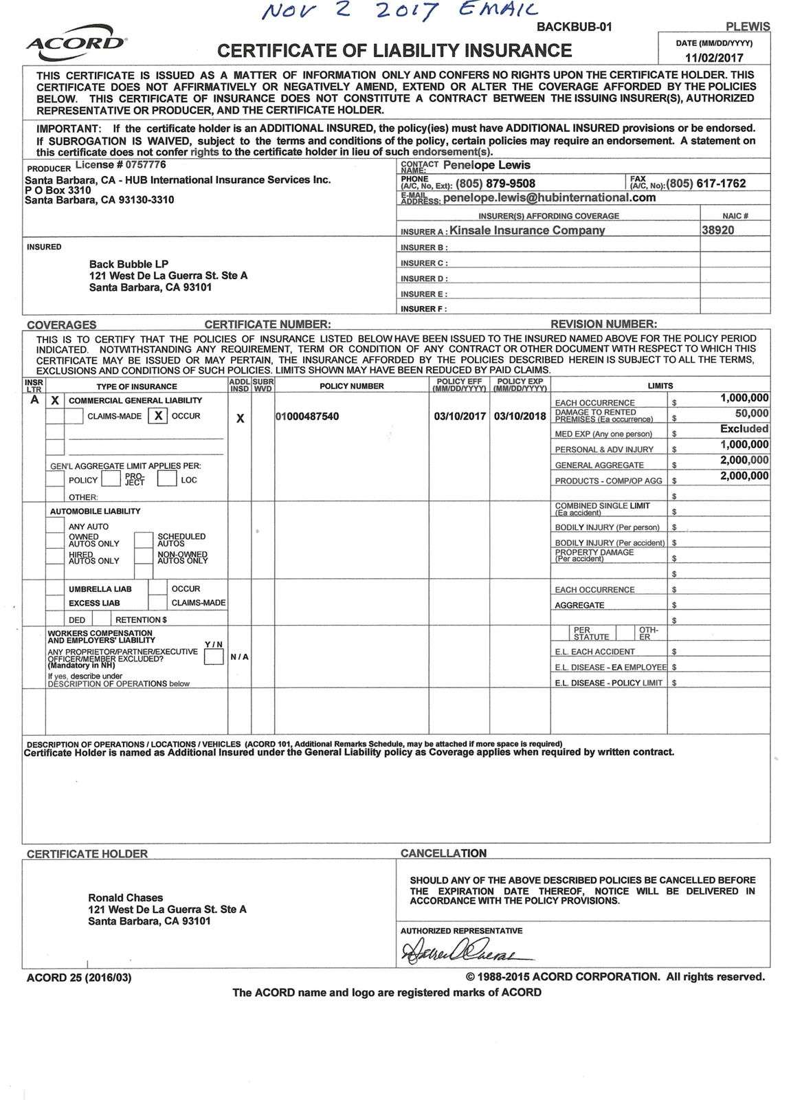 Insurance certificate